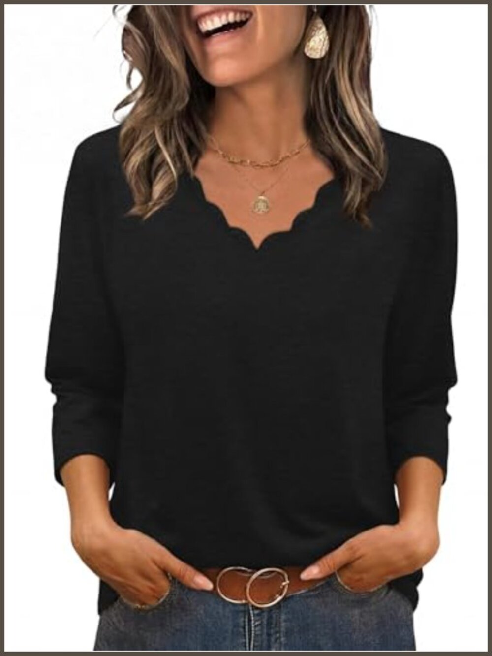 Womens Scalloped V Neck 3/4 Sleeve Blouse Casual Tunic Top